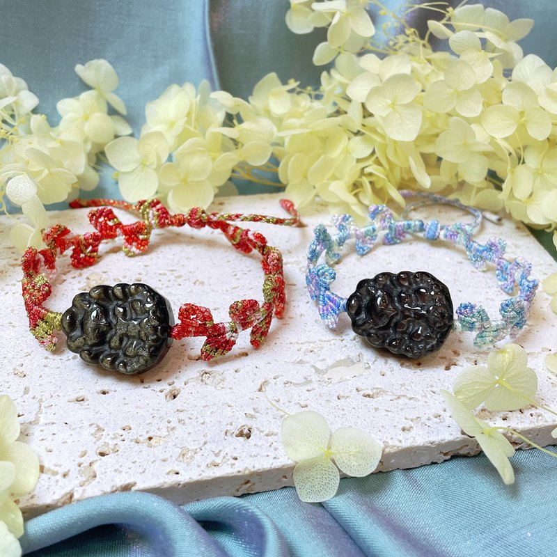 金曜石银曜石九尾狐星光渐层藤叶编织手链 - 手链/手环 - 玉石 黑色