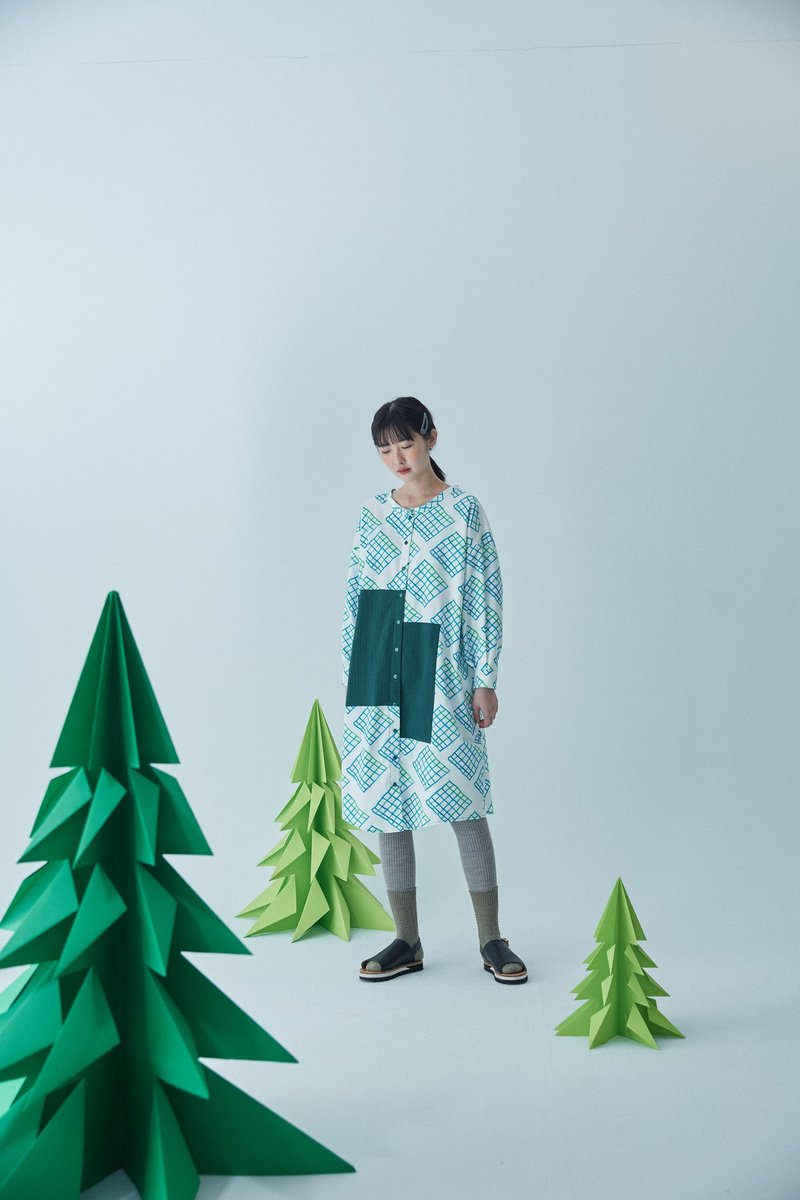 格子立领长衬衫  绿格子款 - 女装衬衫 - 棉．麻 绿色
