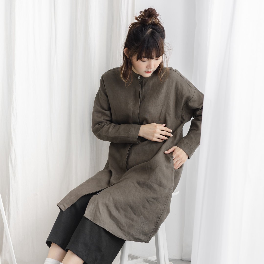 Linen Mandarin Collar Long Sleeve Dress and Tunic - Seaweed Green - 洋装/连衣裙 - 亚麻 绿色