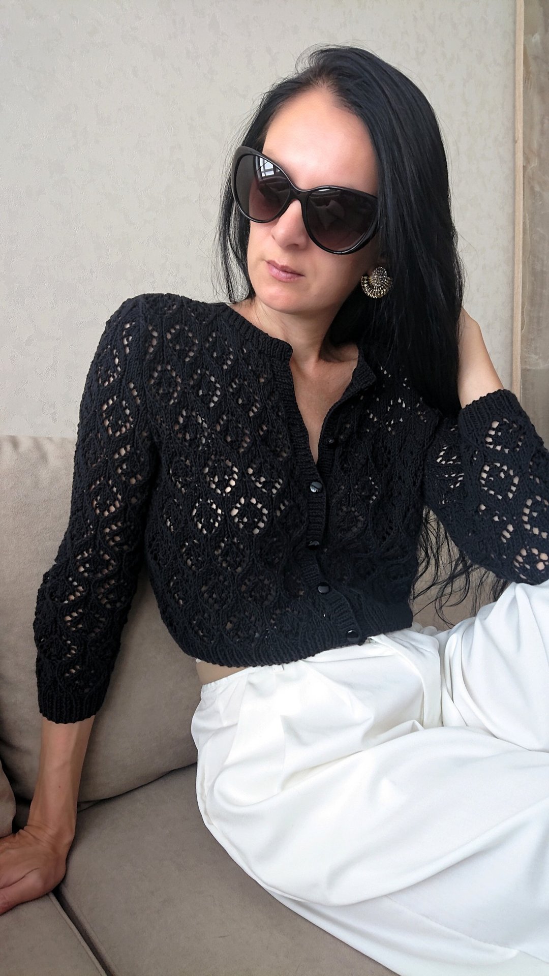 Lace knit black blouse for women Long sleeve crop top cardigan Hand knit jacket - 女装上衣 - 棉 