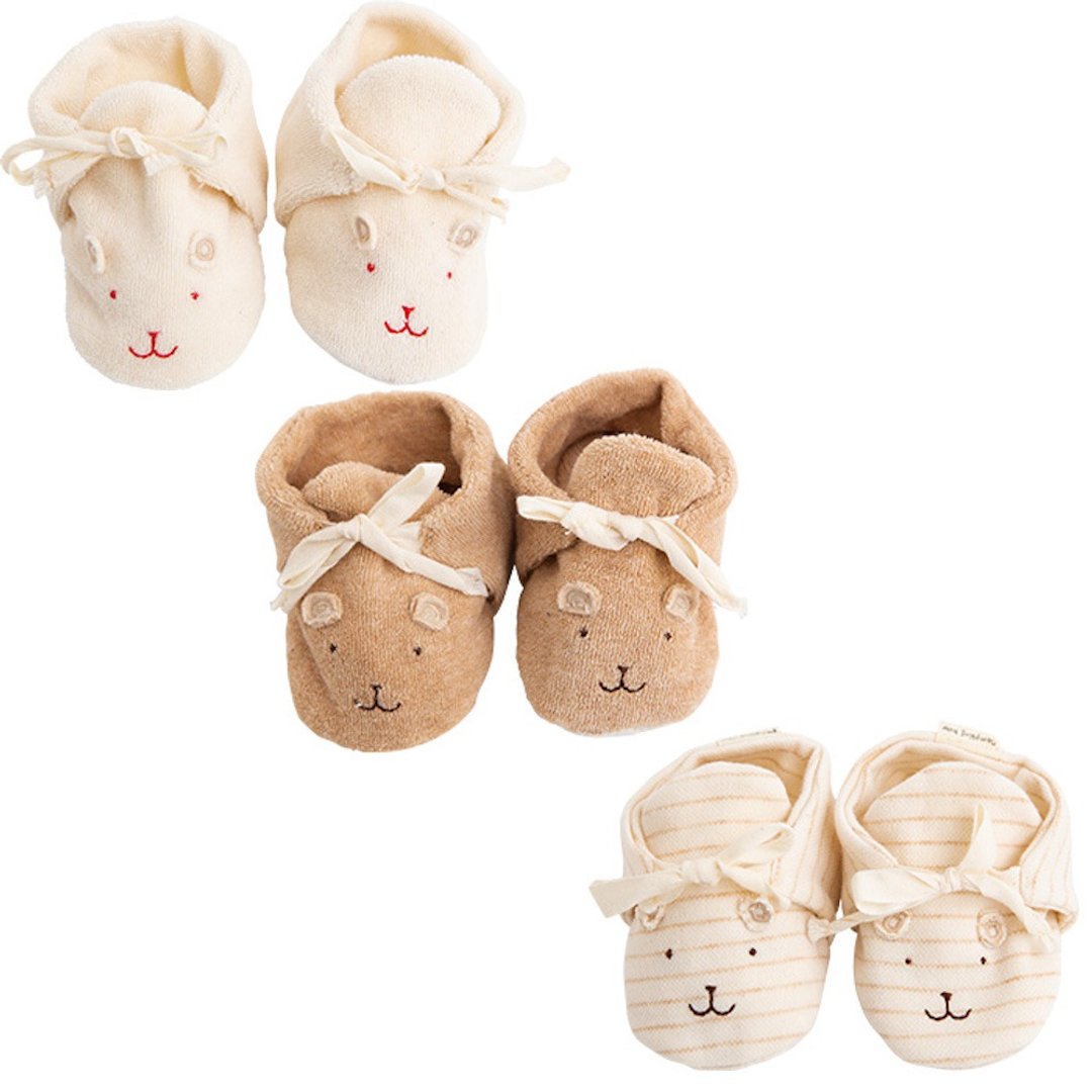 Y-1218 100% Organic Cotton First Shoes Rabbit Bear Dog Face Embroidery Size 10cm Made in Japan - 婴儿鞋 - 棉 白色