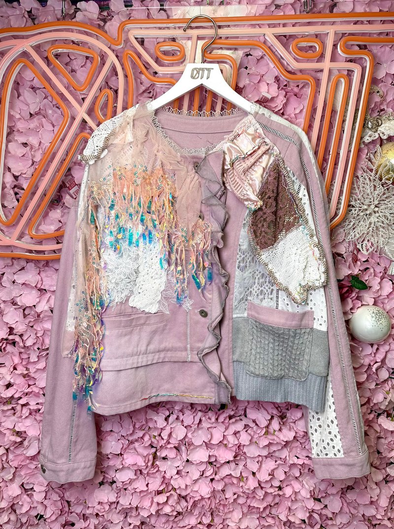 OTT独一无二•Unique日系闪耀手工拼接蕾丝洗水粉红色牛仔外套 - 女装休闲/机能外套 - 羊毛 粉红色