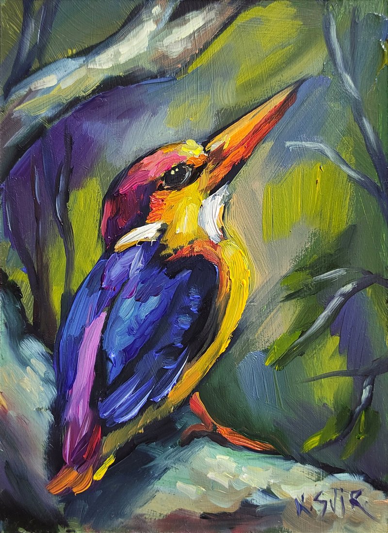 Kingfisher Painting Bird Original Art Small Oil Painting Animal Artwork - 海报/装饰画/版画 - 其他材质 多色