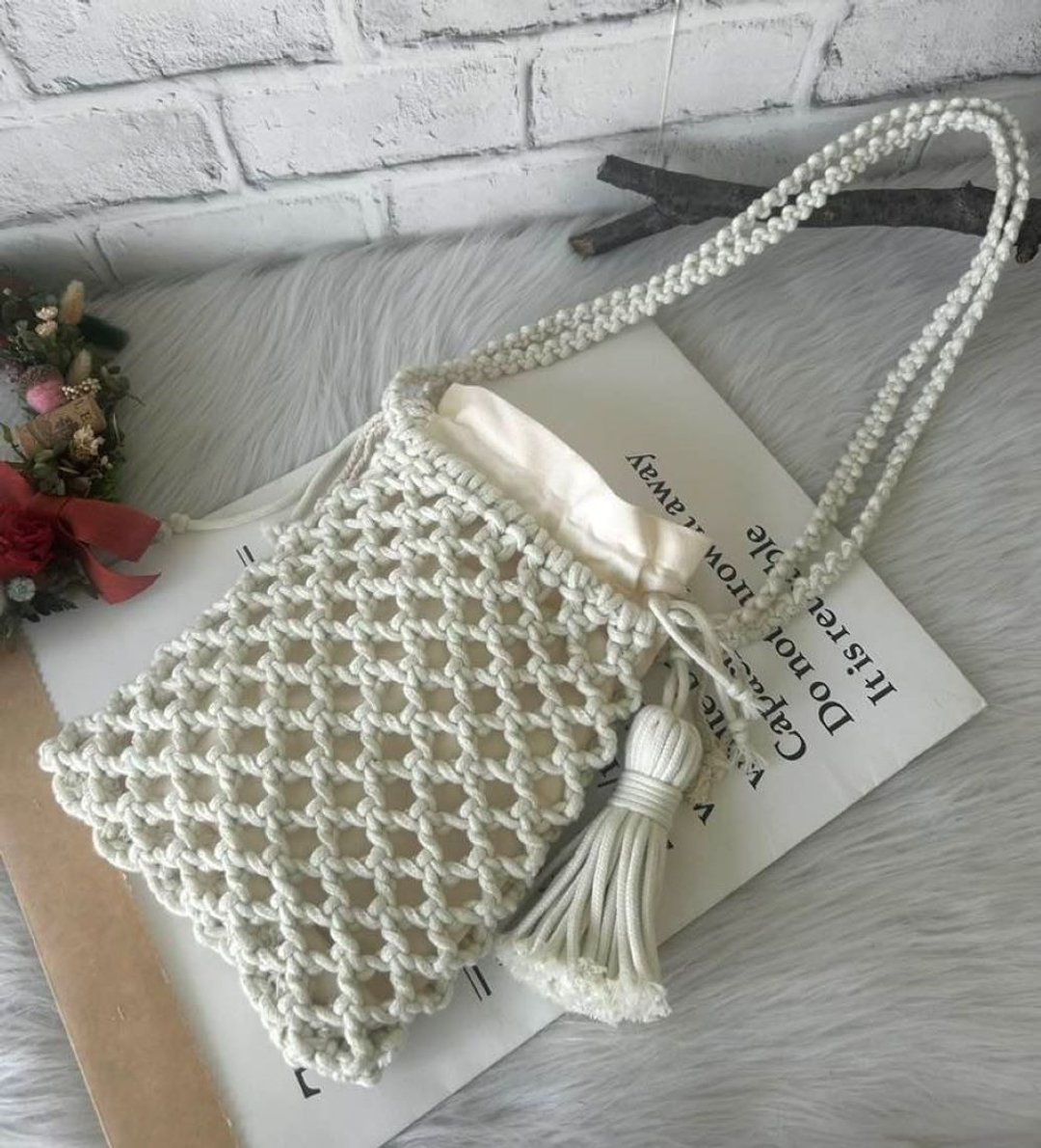 Macrame 法式编织包包/侧背包 附流苏 附内袋 - 侧背包/斜挎包 - 棉 
