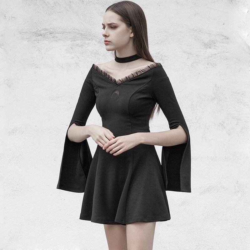 夜月魔法蕾丝开袖洋装 - 洋装/连衣裙 - 其他材质 黑色