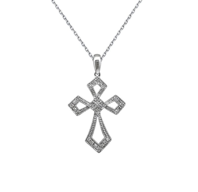 十字架钻石项链 天然南非钻石 0.14克拉 14K 天然钻石坠子 - 项链 - 钻石 