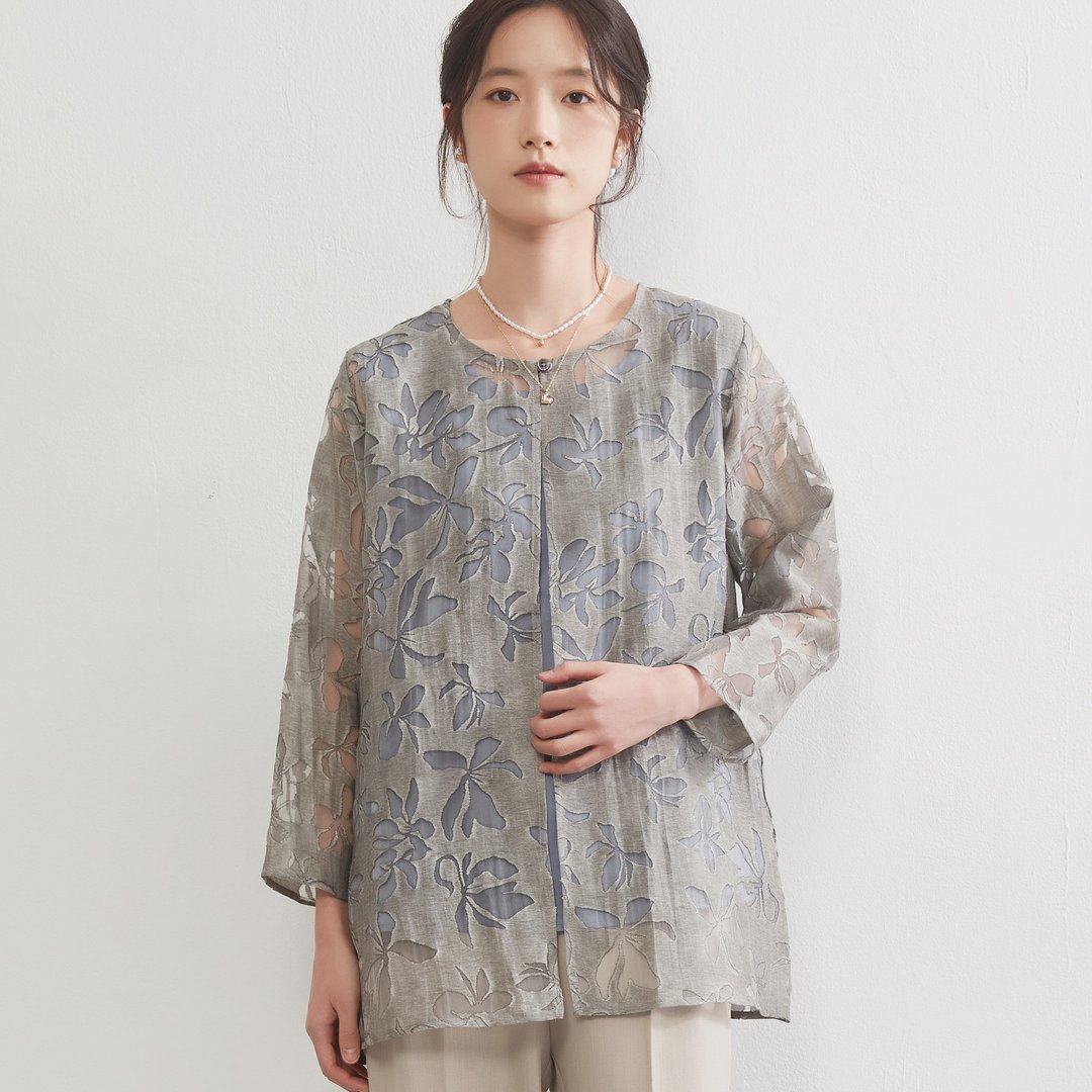 欧泊纱轻盈外套与光泽感细肩带背心套组 - 女装休闲/机能外套 - 聚酯纤维 灰色