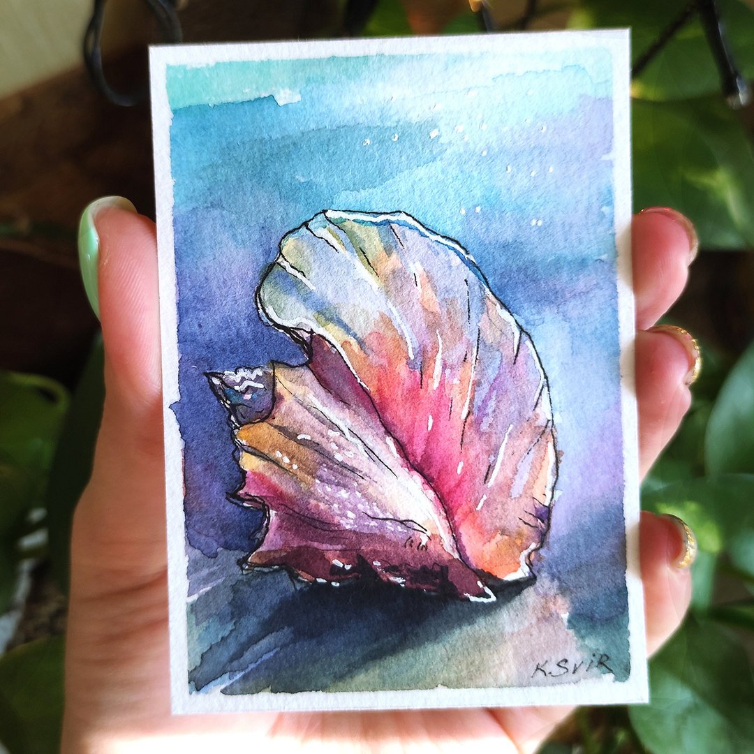 Seashell Painting ACEO Original Watercolor Art Coastal Mini Artwork Handmade - 海报/装饰画/版画 - 纸 多色