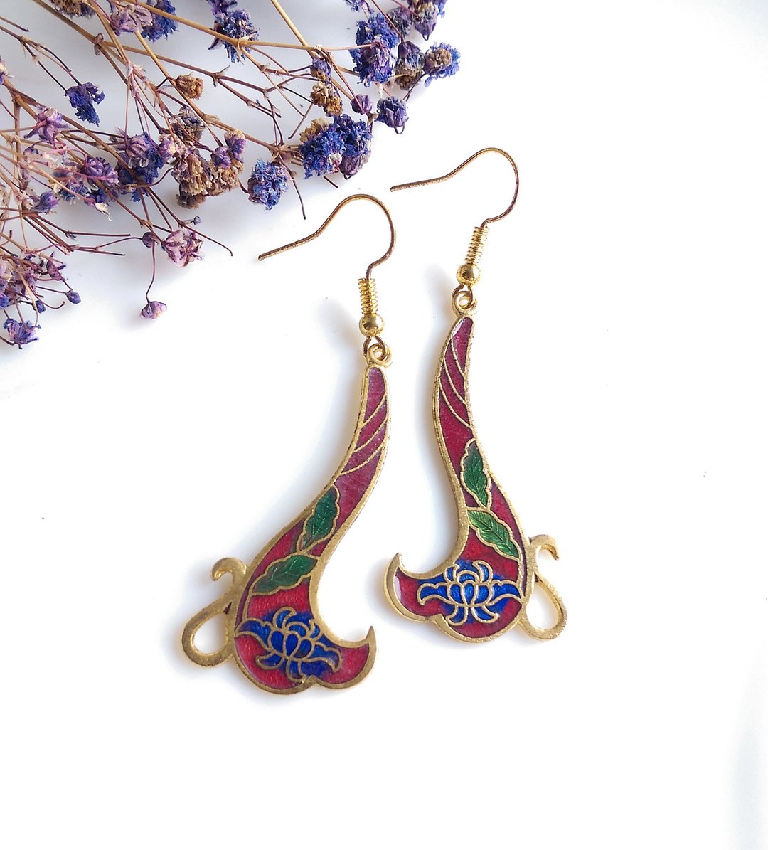Vintage Jewelry 西洋古董饰品 卷曲花卉 景泰蓝 耳勾 针式耳环 - 耳环/耳夹 - 其他材质 金色