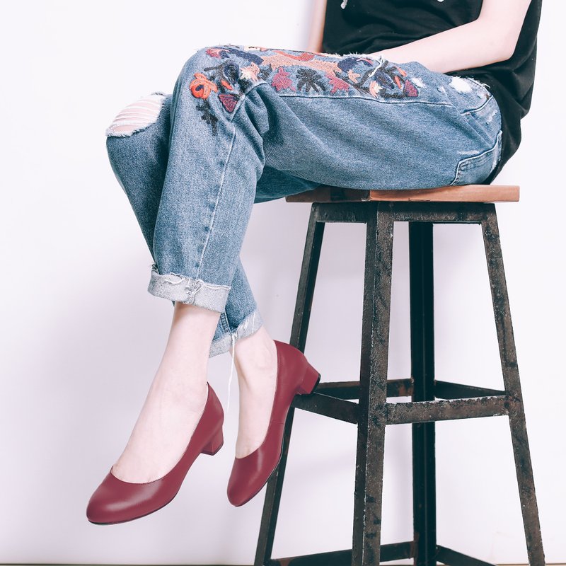 不磨脚!红-柔软羊皮低跟鞋 全真皮 - 高跟鞋 - 真皮 红色