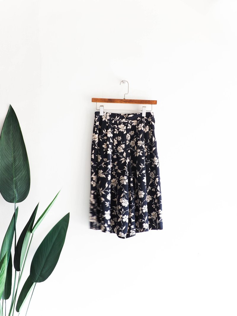 河水山 - 群马黑蓝印花春季落日恋情 古董丝缎质宽版中长裤裙 - 女装长裤 - 聚酯纤维 蓝色