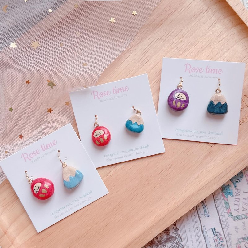 手绘 石头感 立体达摩富士山 不同色 可定制 - 耳环/耳夹 - 粘土 多色