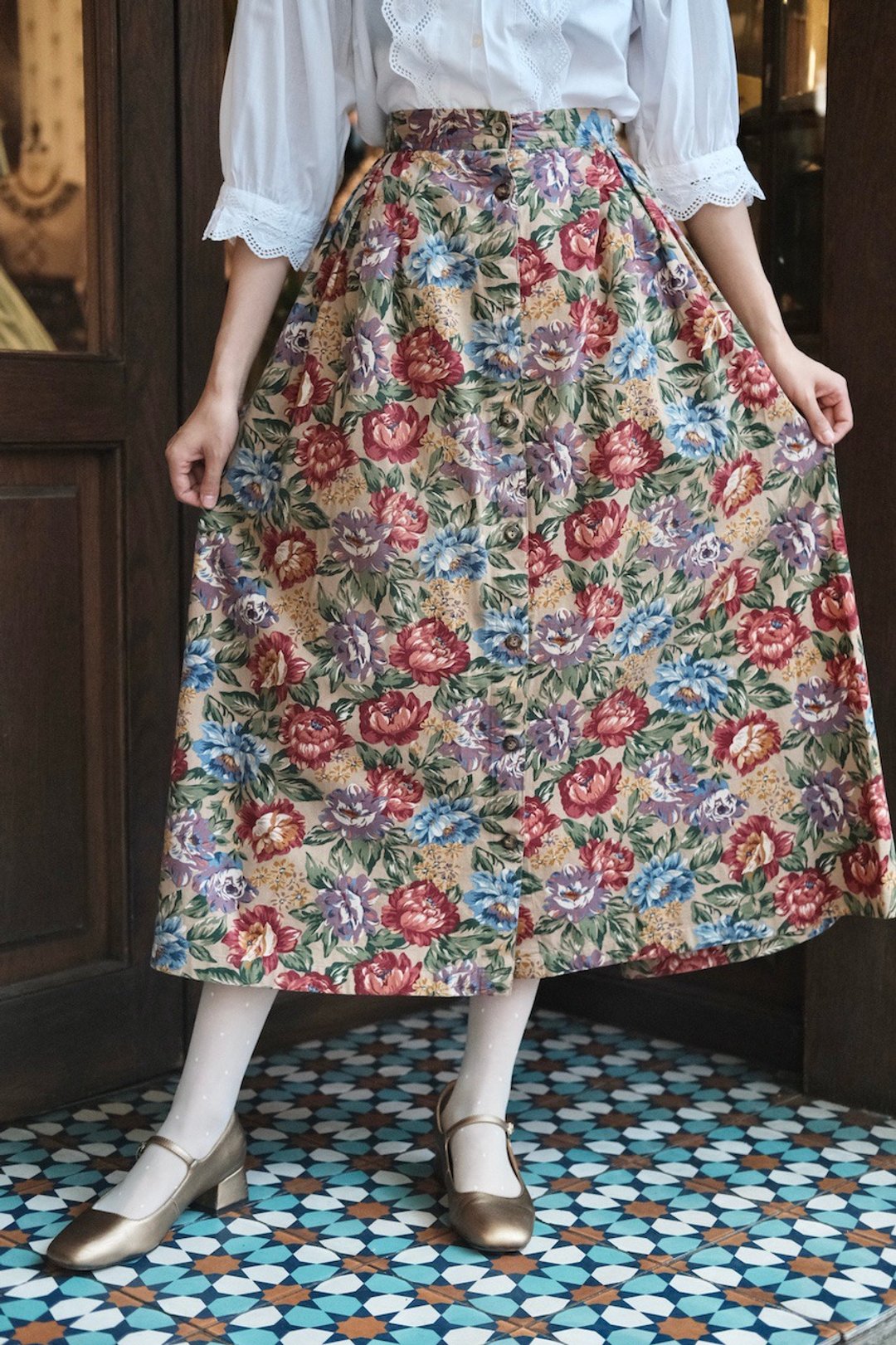 vintage skirt 印花半身裙 古着 - 裙子 - 棉．麻 