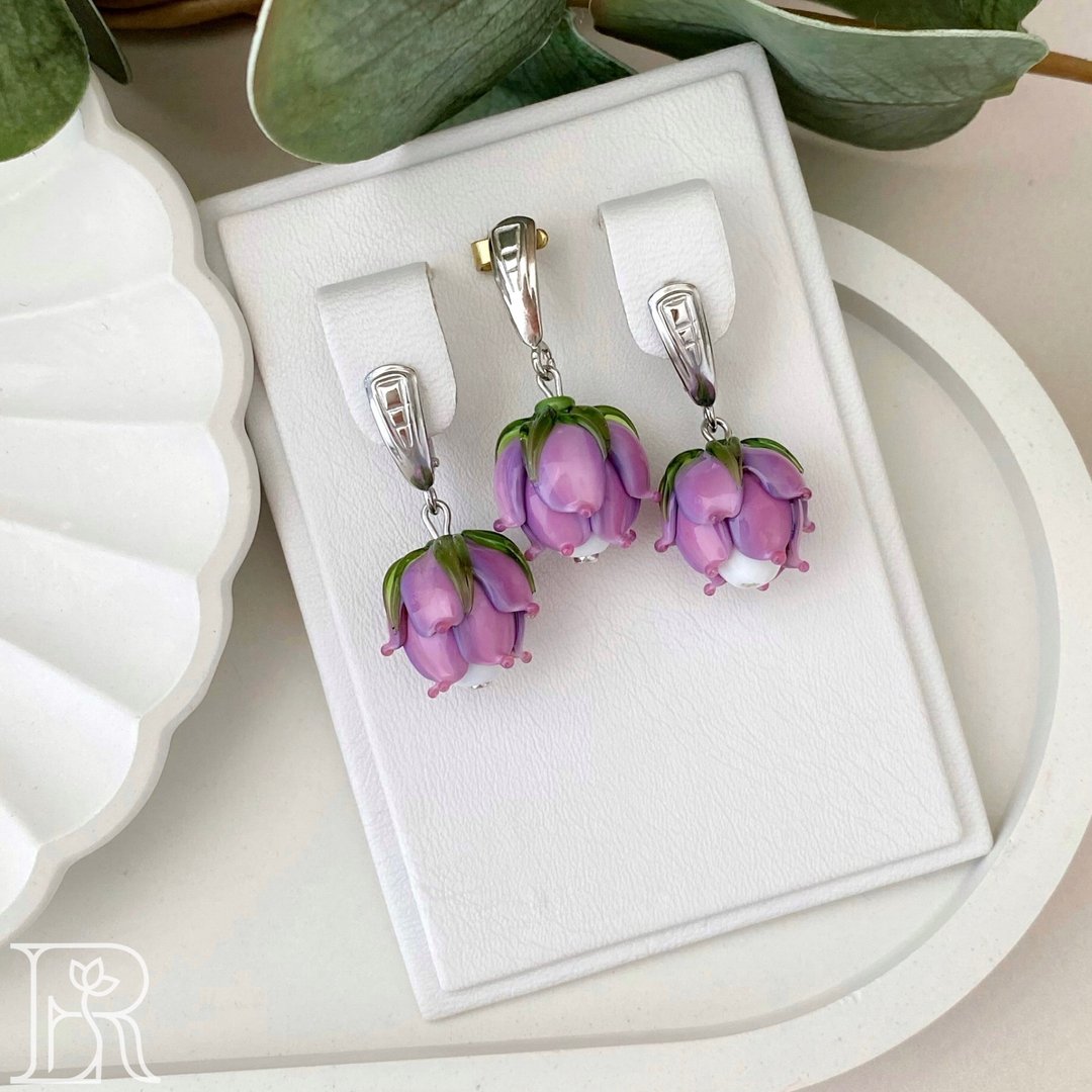 Cute Pink Jewelry Flower Set Gift Best Birthday Present For Her - 耳环/耳夹 - 纯银 紫色
