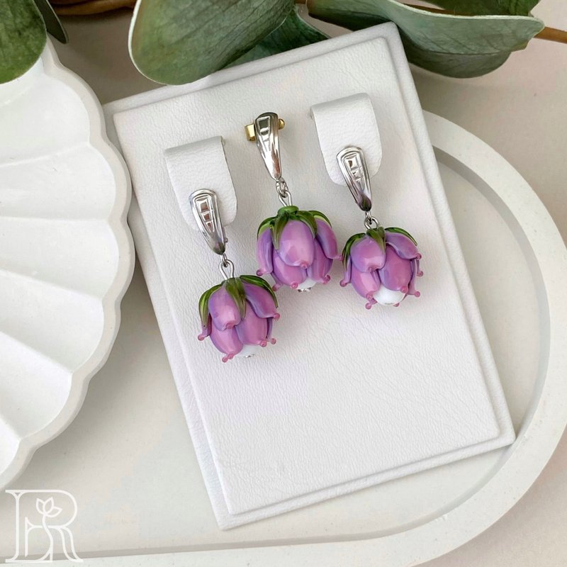 Cute Pink Jewelry Flower Set Gift Best Birthday Present For Her - 耳环/耳夹 - 纯银 紫色