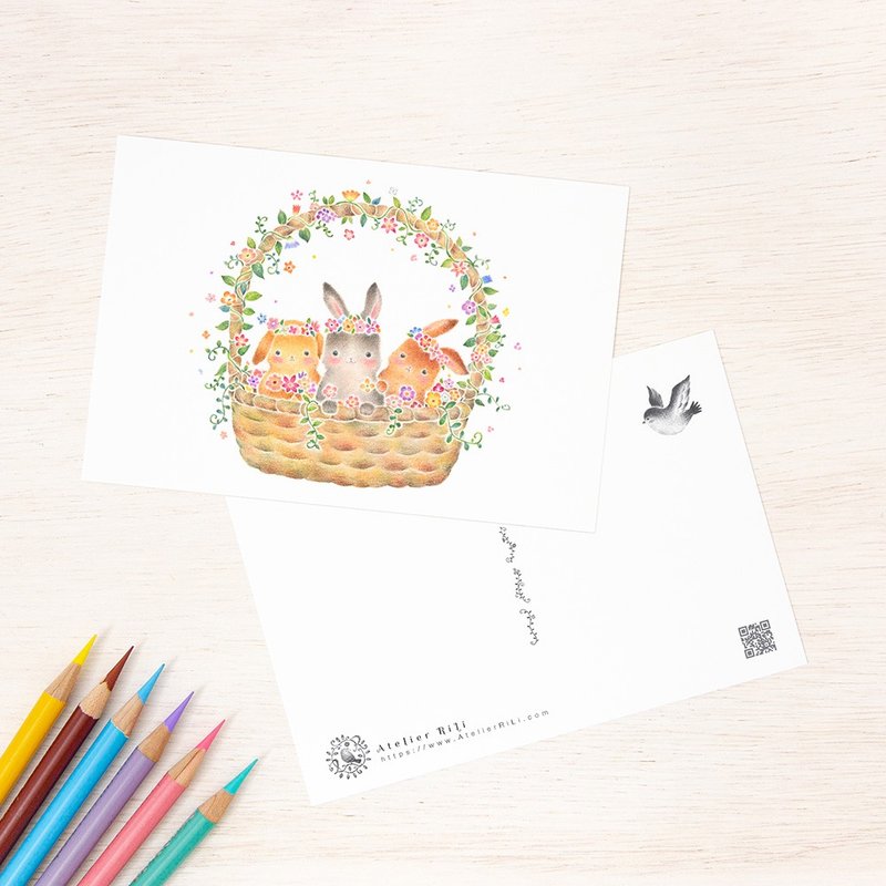 Set of 5 pieces. Like a picture book. Postcard "Rabbits in a flower basket" PC-403 - 卡片/明信片 - 纸 粉红色