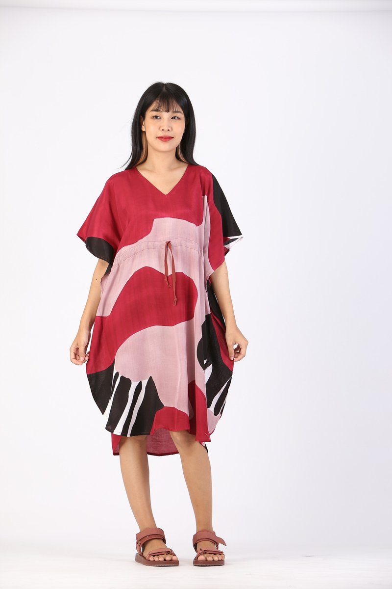 Kaftan Waist Jump Cotton Rayon Hand paint For Summer Beach - 洋装/连衣裙 - 聚酯纤维 红色