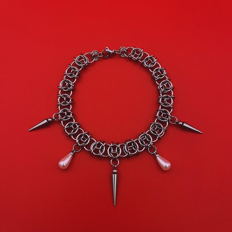 MrR手作不锈钢圈尖刺吊坠珍珠手链 - 手链/手环 - 不锈钢 银色