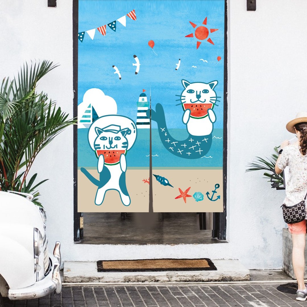 猫 门帘 海边吃西瓜 - 门帘/门牌 - 棉 蓝色