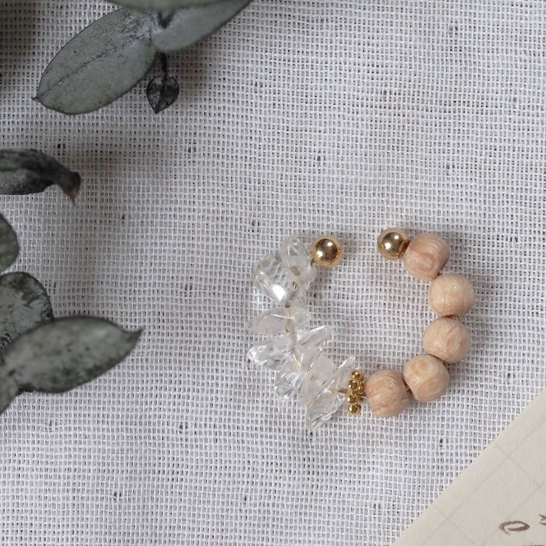 2way | Natural Wood x Natural Stone Sazare Crystal Ear Cuff | Ear Cuff | EC41 - 耳环/耳夹 - 木头 卡其色