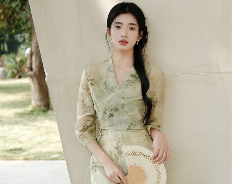 【浅水绿】新中式复古中国风 V领印花外披/吊带裙 - 女装上衣 - 丝．绢 绿色