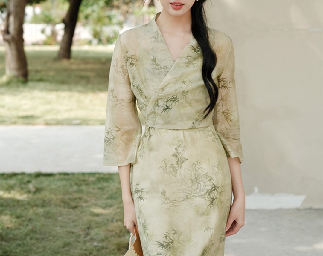 【浅水绿】新中式复古中国风 V领印花外披/吊带裙 - 女装上衣 - 丝．绢 绿色