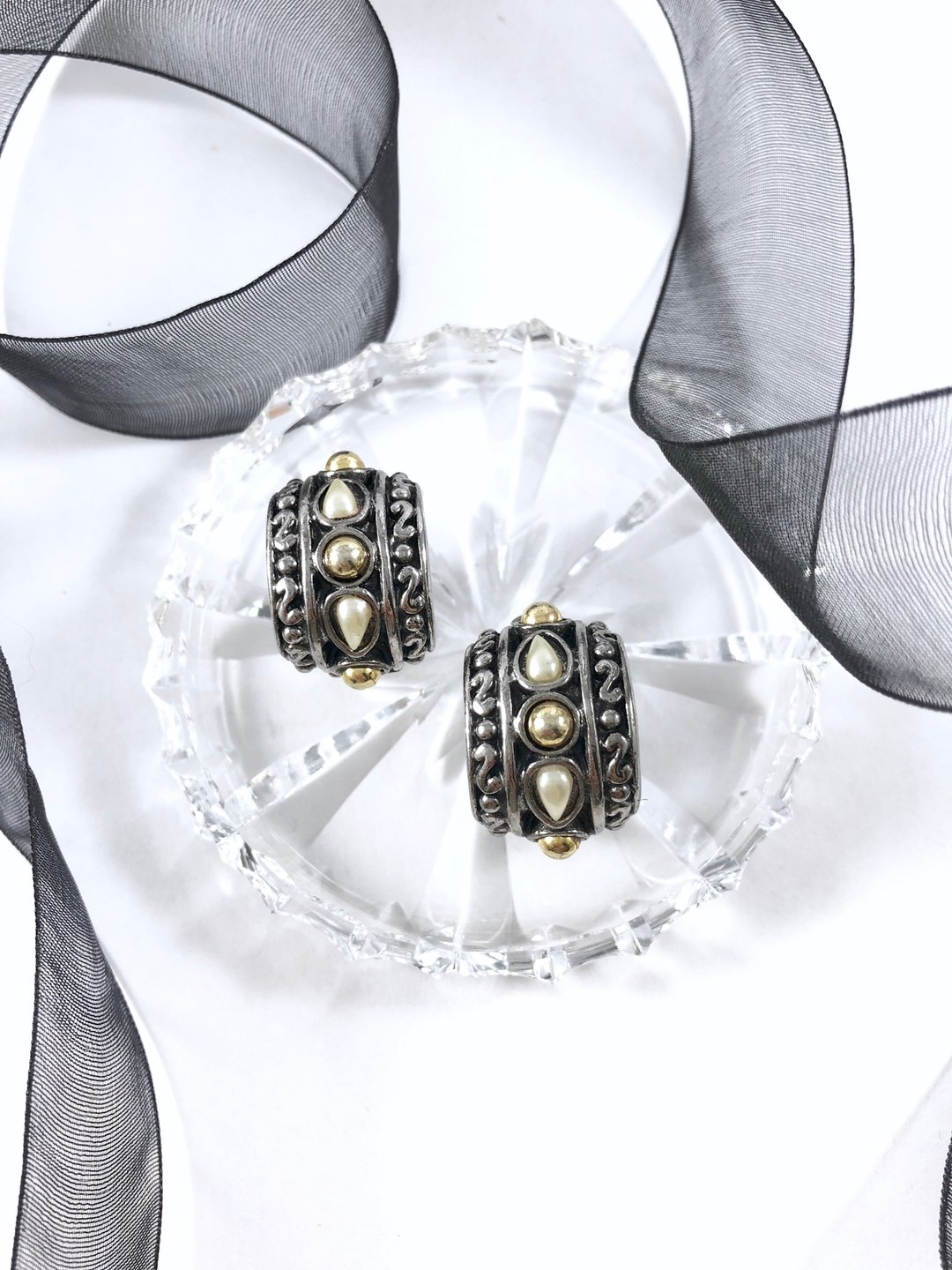 Vintage 80s Muti-Metal Half Hoop Earrings - 耳环/耳夹 - 银 银色