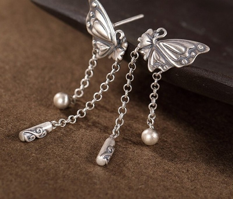 Thai Silver Butterfly Earrings for Women Ethnic Tassels Earrings 925 Silver - 耳环/耳夹 - 纯银 银色