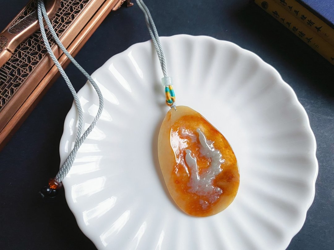 天然缅甸玉翡翠 黄翡 手工雕 禅 悟道 项链 翡翠原皮 礼物 - 项链 - 玉石 绿色