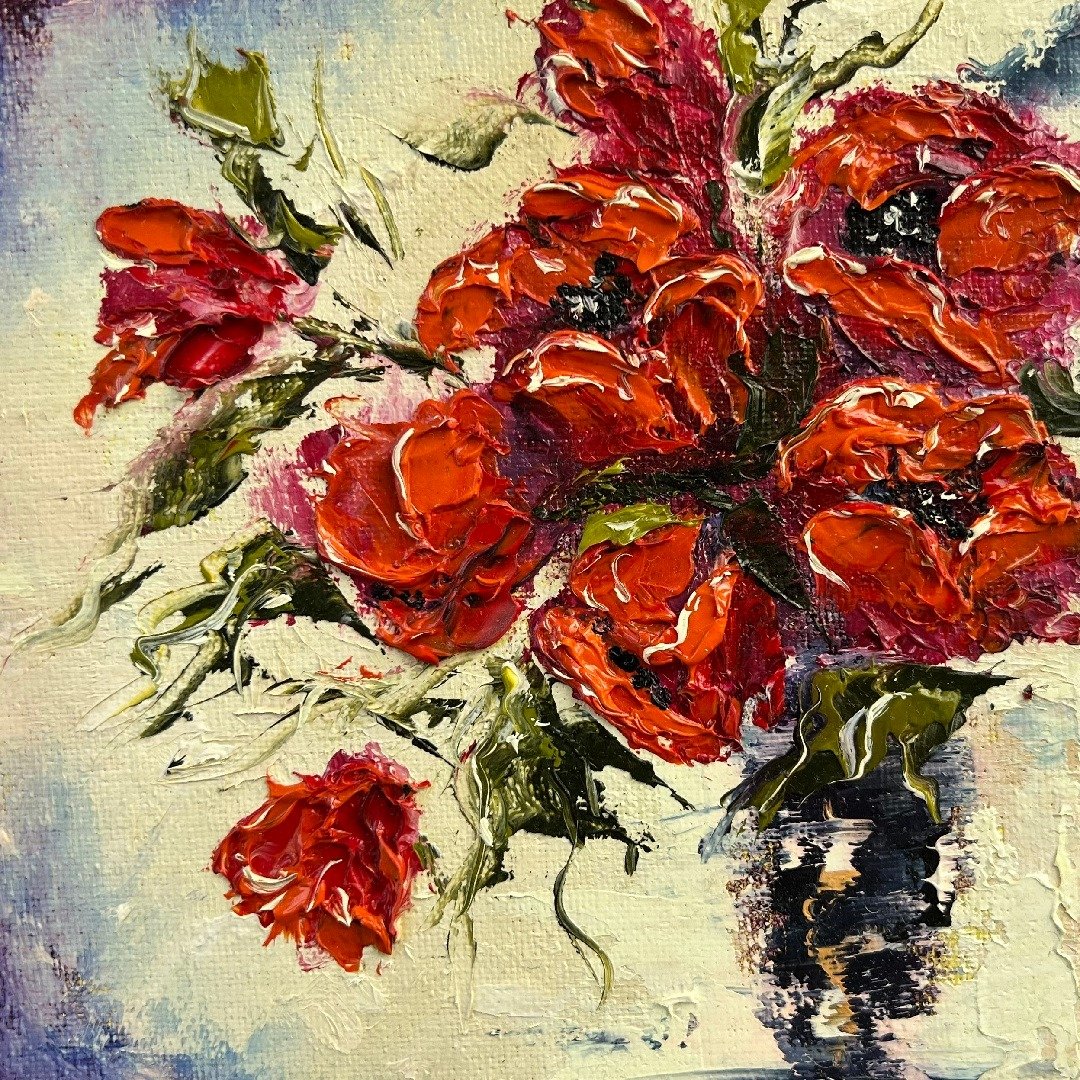 罂粟画花卉原创艺术 15x15 厘米/ 6x6 英寸。用鲜花作画, 手工艺品, 手工礼物 - 海报/装饰画/版画 - 棉．麻 多色