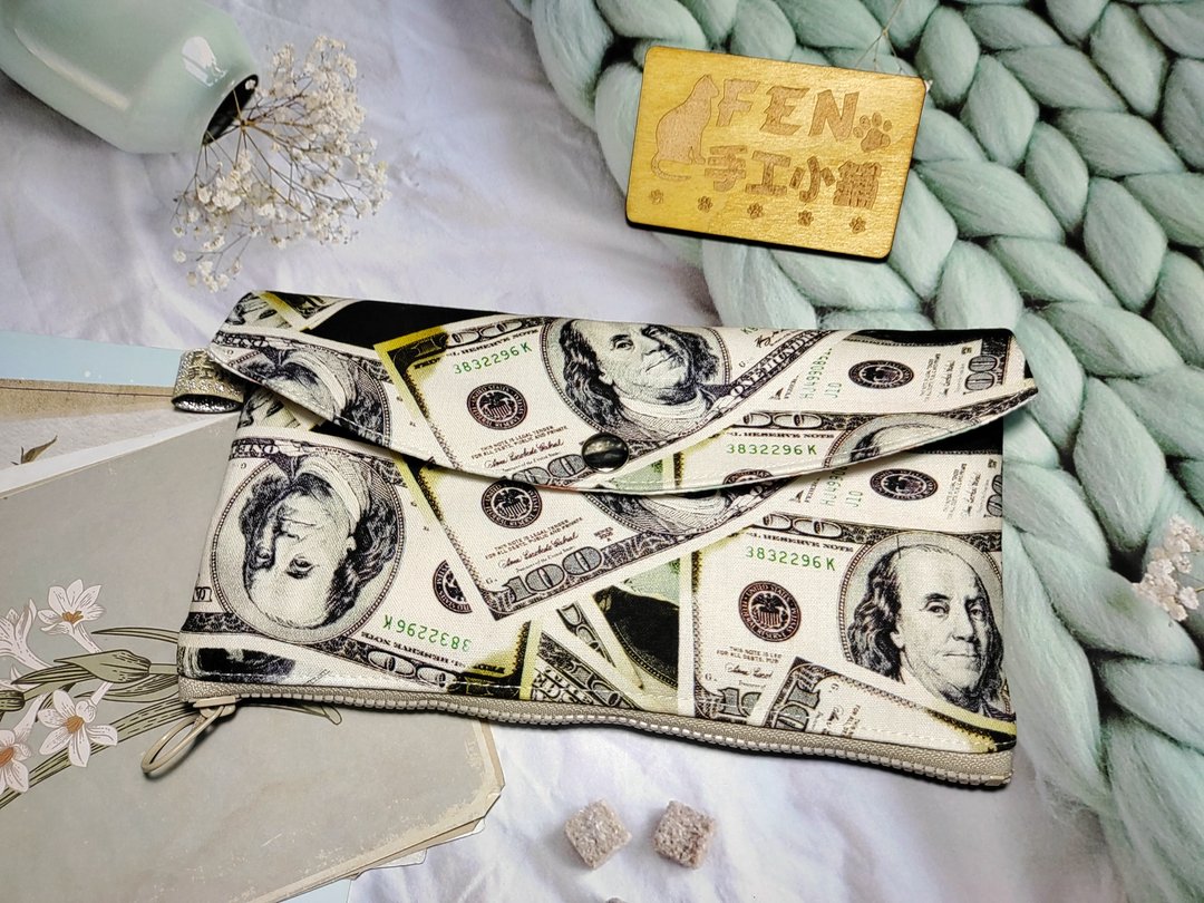美国棉布限量款美金款拉链布红包袋-下方拉链红包袋-手作布红包袋 - 手拿包 - 棉 