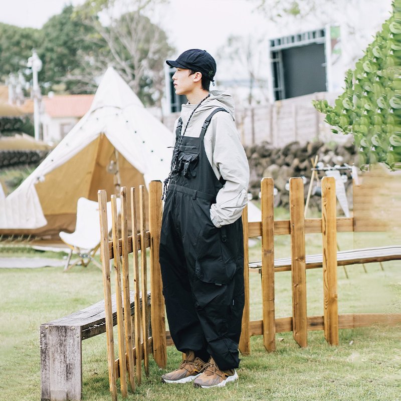 TopBasics Adventure 系列日系机能磁扣工装吊带裤 - 男士长裤 - 聚酯纤维 黑色