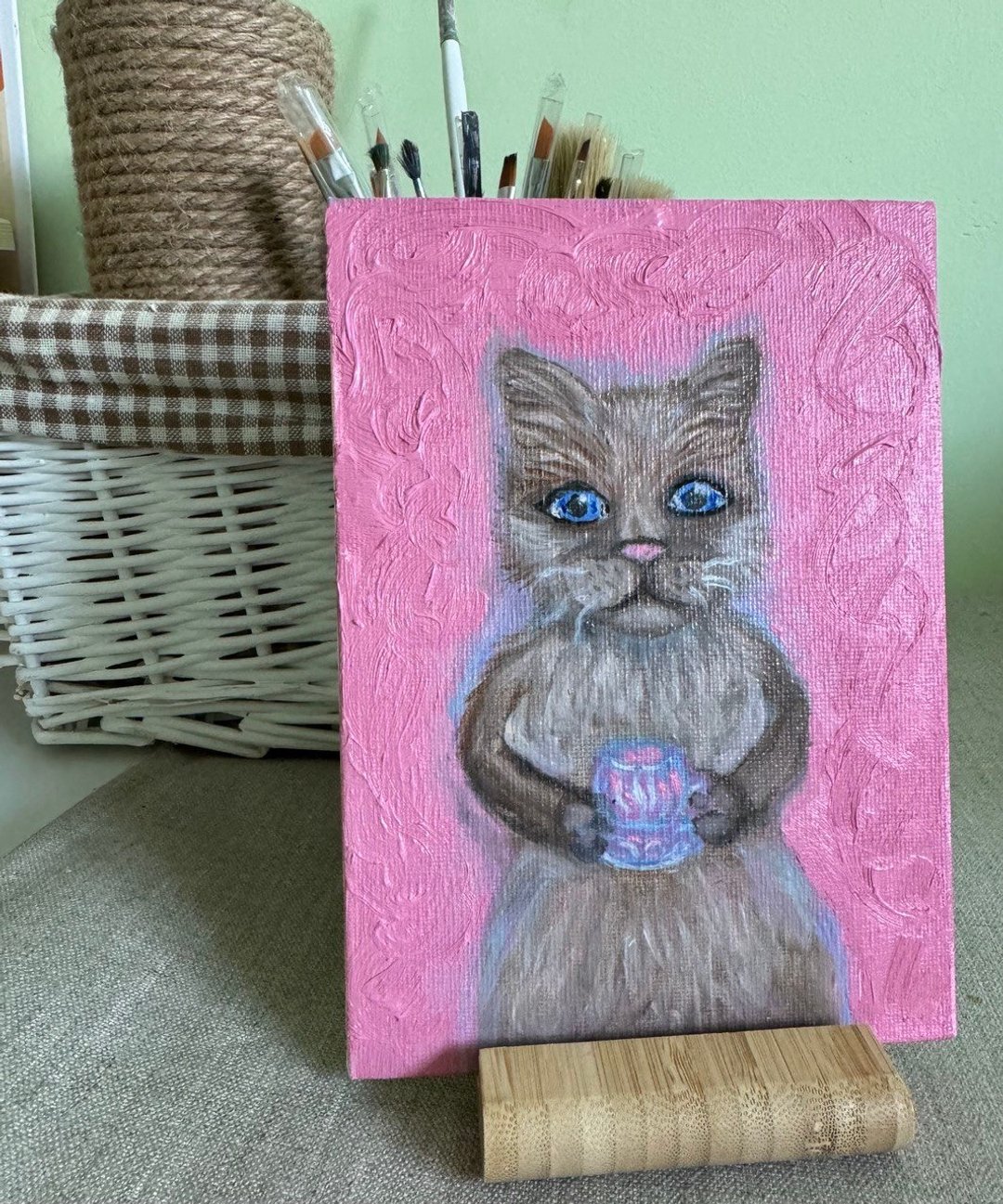 图片粉红色背景上的猫。油画 - 墙贴/壁贴 - 其他材质 多色