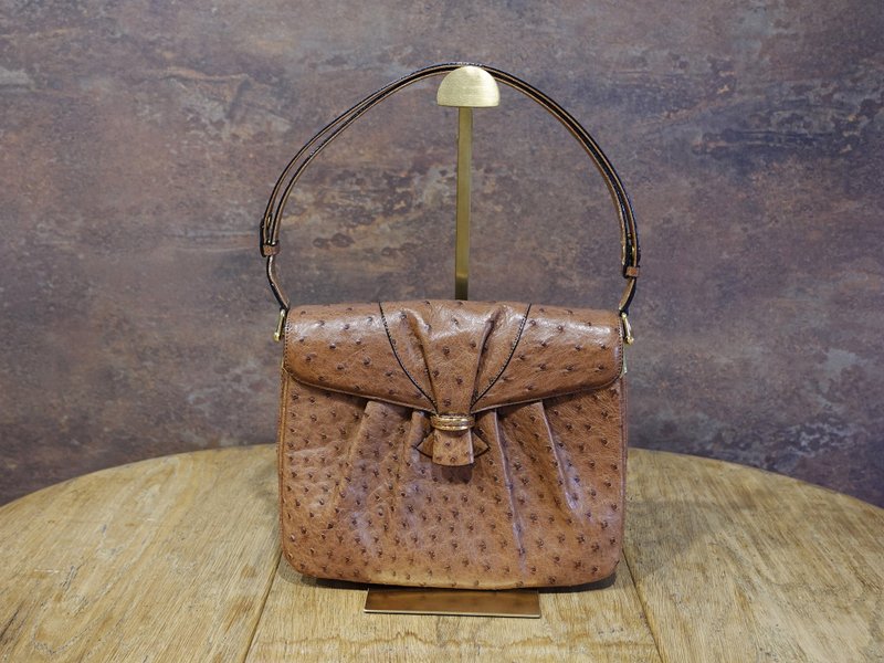 立体抓折鸵鸟革手提肩背包 - 侧背包/斜挎包 - 真皮 咖啡色