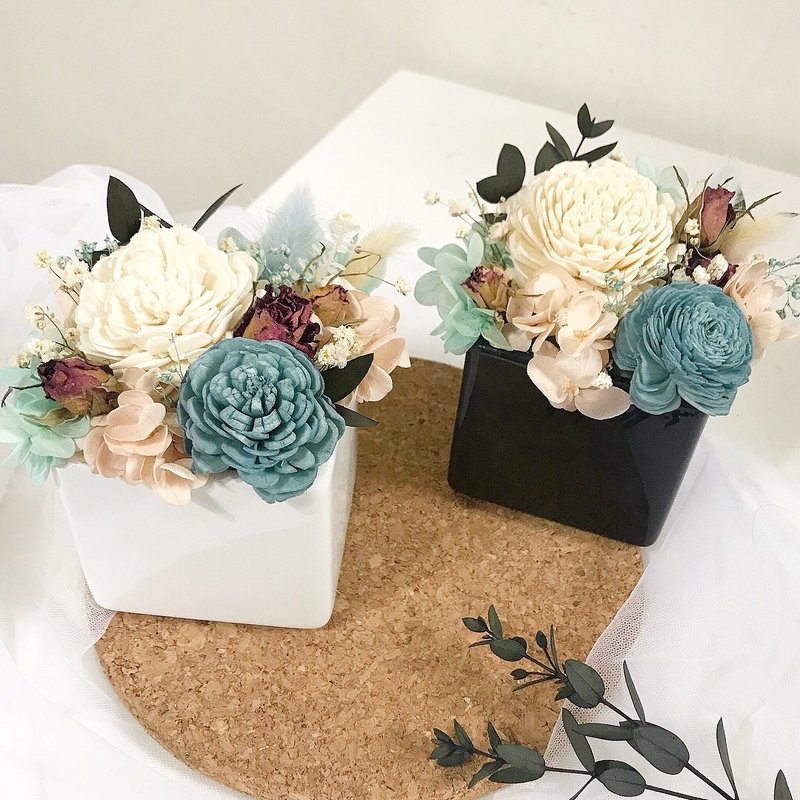 /干燥花//摆设小物/ 双朵太阳玫瑰盆花-天蓝色系 - 干燥花/捧花 - 植物．花 