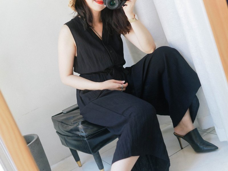 暗黑月夜排扣绑带简约经典恋爱少女 古董麻丝质连身长裤 overalls - 背带裤/连体裤 - 丝．绢 黑色