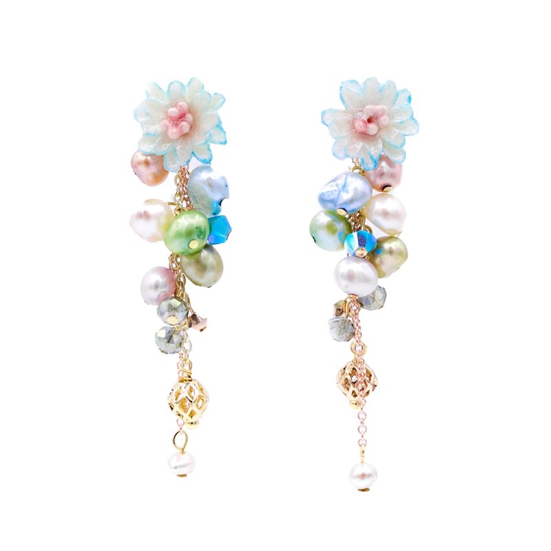 Zinnia :手造树脂黏土花雨纯银耳环 - Pamycarie 手工制作饰品 - 耳环/耳夹 - 粘土 蓝色