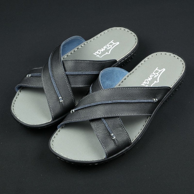 简约线条X型小牛皮拖鞋-气质黑 - 拖鞋 - 真皮 黑色