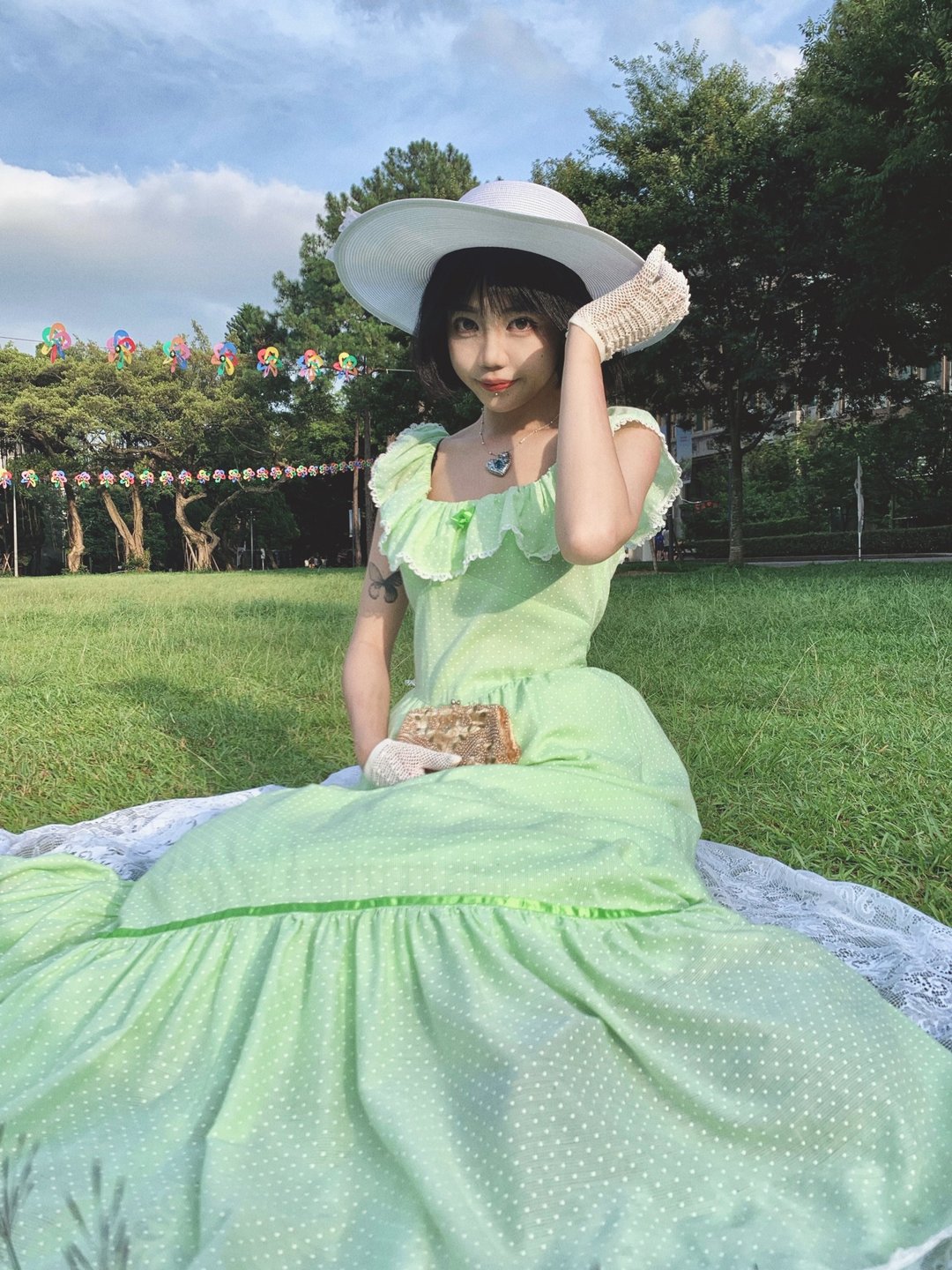 美国70年代手工订制水玉点点蕾丝洋装 - 洋装/连衣裙 - 棉．麻 绿色