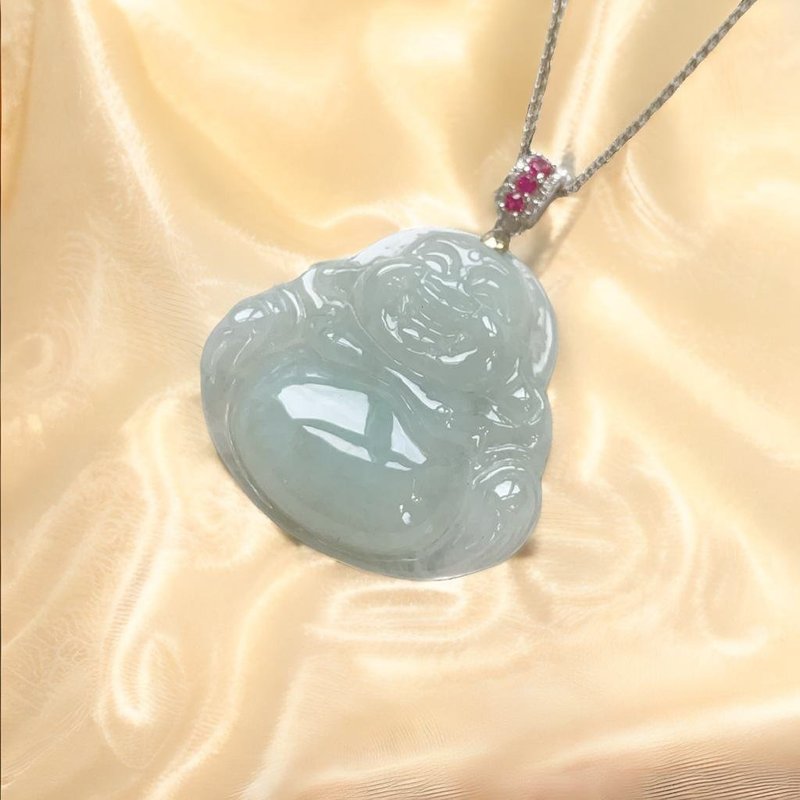 冰糯翡翠弥勒佛925纯银镶嵌项链 | 天然缅甸玉翡翠A货 | 送礼 - 项链 - 玉石 白色