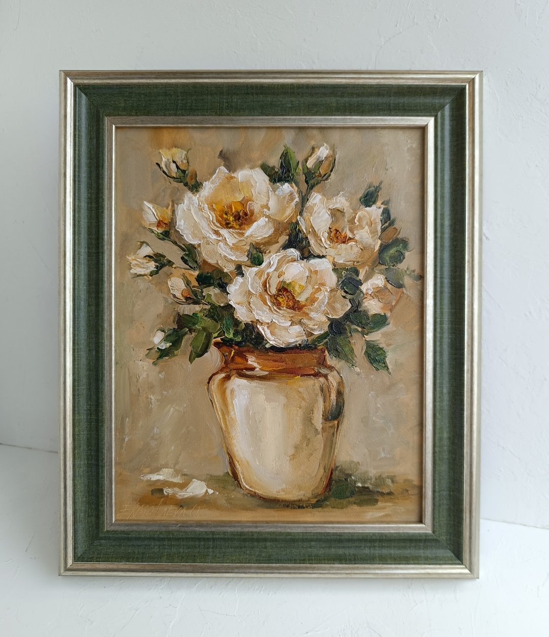 白色花园玫瑰原创油画 带框花卉艺术品 20x25厘米 - 墙贴/壁贴 - 其他材质 绿色