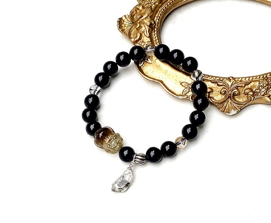 开运祈福系列-透亮黑发晶x黑曜石x闪灵钻x紫钛龙龟925纯银手链 - 手链/手环 - 水晶 多色