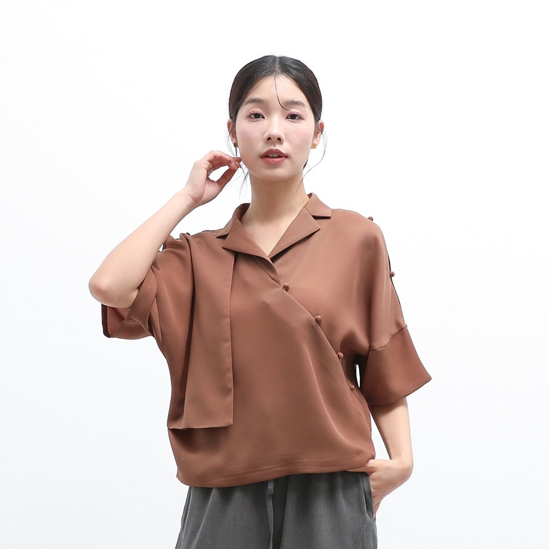 Mengmeng_蒙蒙开襟衬衫_24SF006_棕 - 女装上衣 - 聚酯纤维 咖啡色