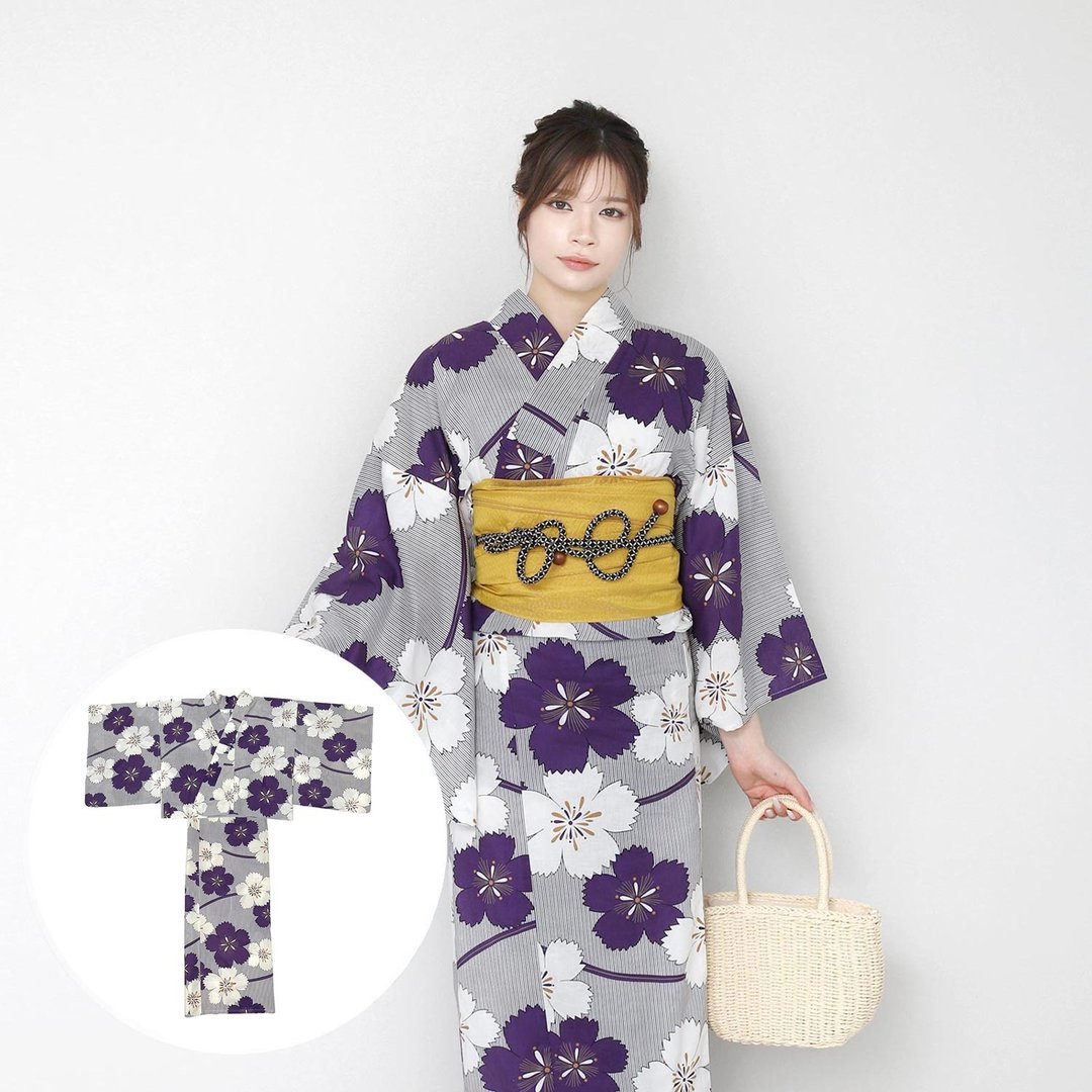 日本 和服 女性 两件式 浴衣 腰封 套组 F size x23h-04 - 其他 - 棉．麻 紫色