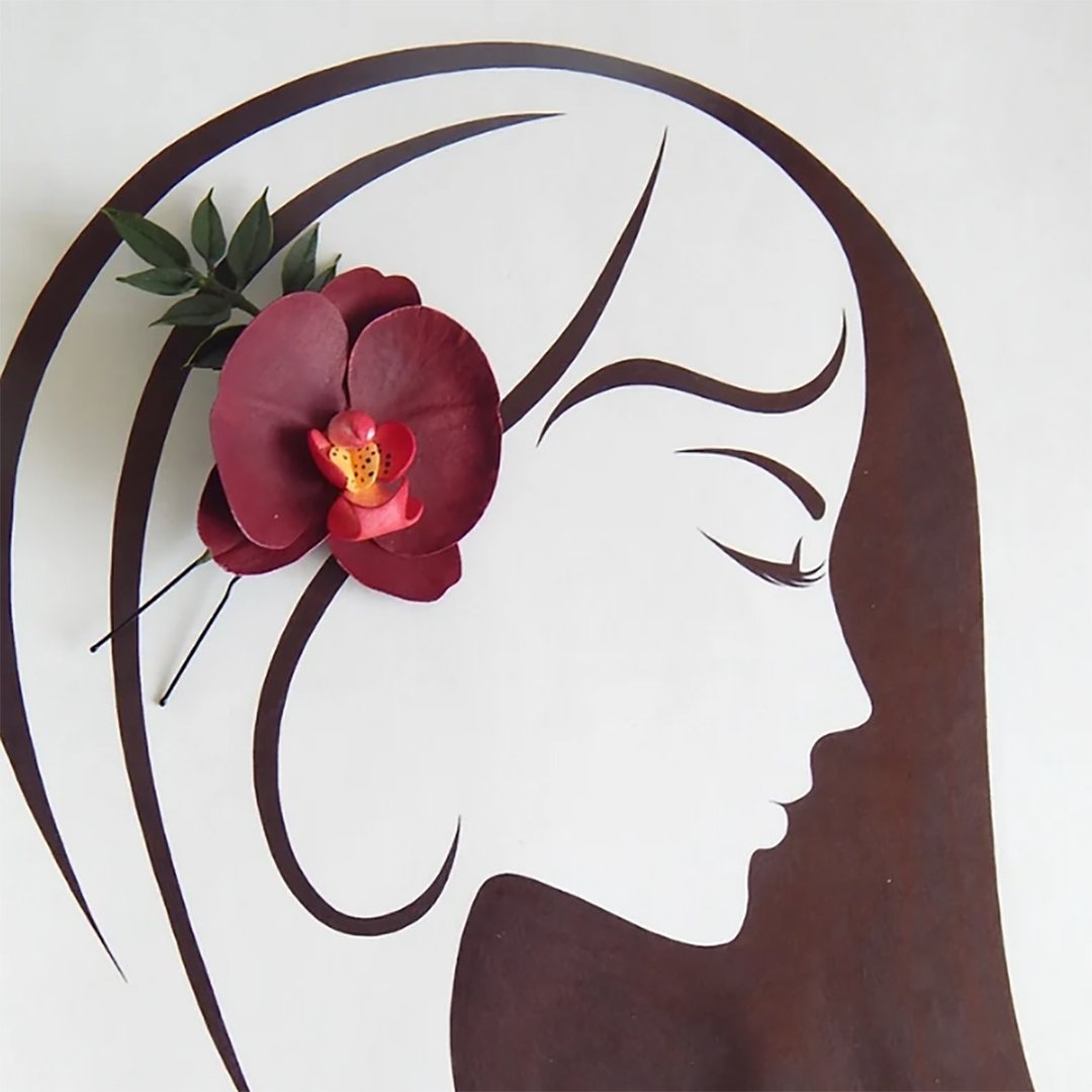 Burgundy flower hair pin Orchid jewelry Beach accessories Tropical wedding Bride - 发饰 - 其他材质 粉红色