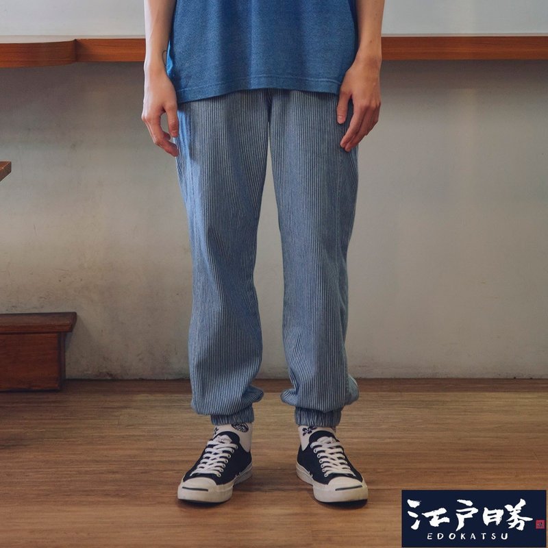 江户胜 日系 男装 直条纹松紧束口裤(漂浅蓝) #裤子 - 男士长裤 - 棉．麻 蓝色