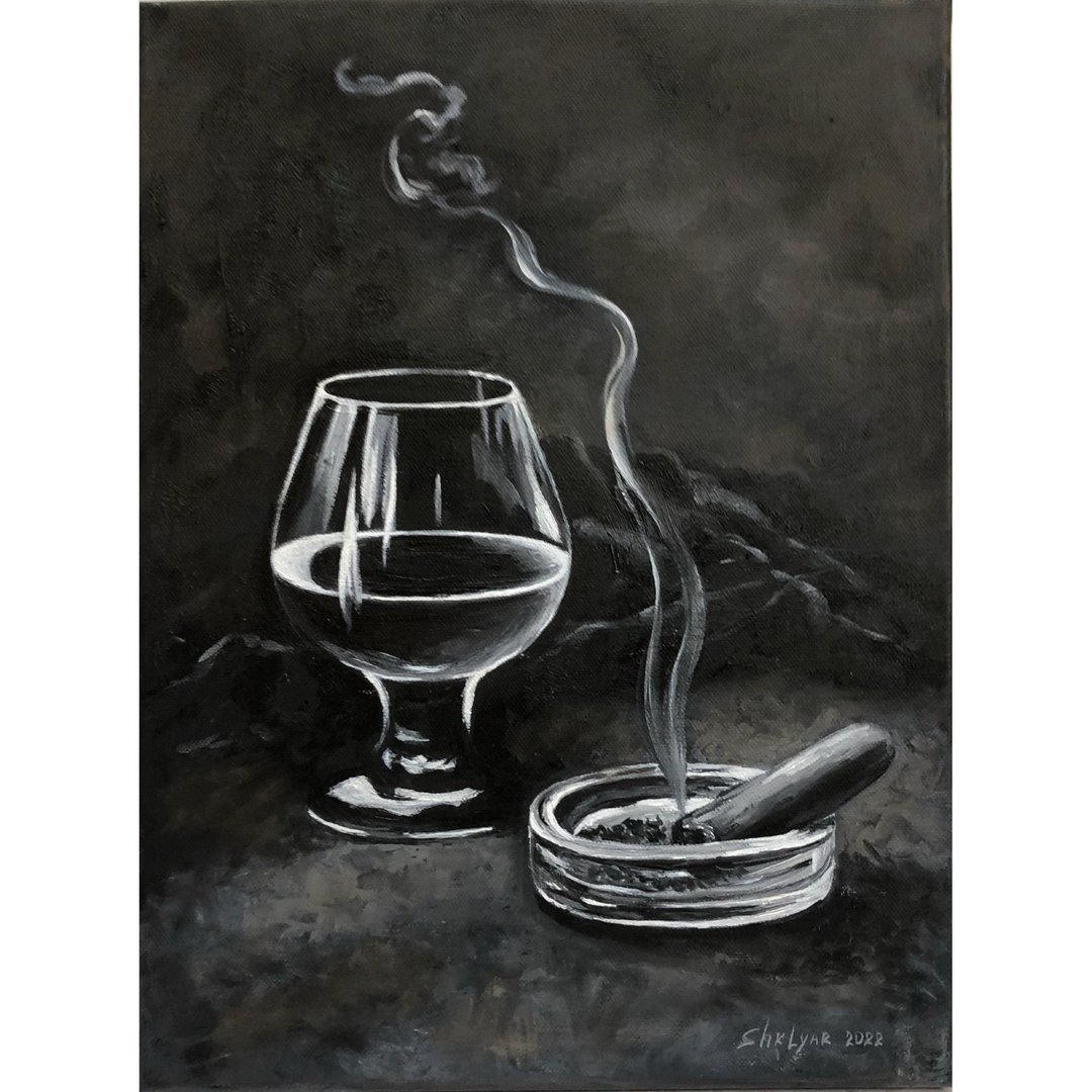Still Life Glass Whiskey Cigar Original Oil Painting Original Oil Art - 海报/装饰画/版画 - 其他材质 黑色