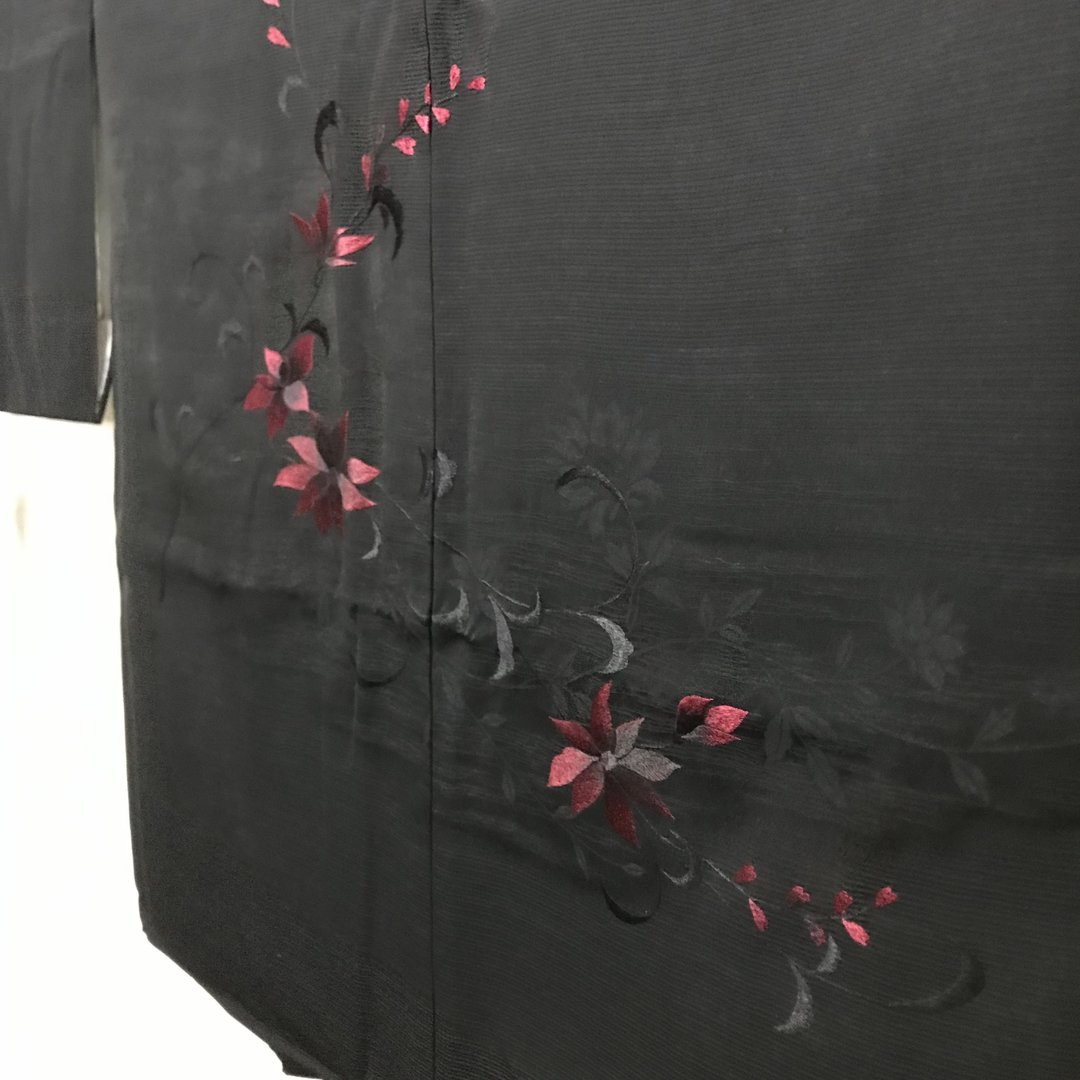 刺绣花卉男女可穿复古古着羽织和风和服黑羽织 - 女装休闲/机能外套 - 丝．绢 黑色