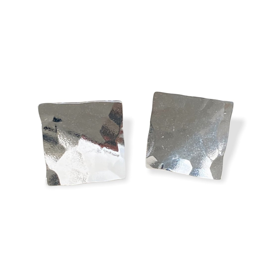 Stud Earrings Handmade Minimalist Square Shape 925 Sterling Silver - 耳环/耳夹 - 银 银色