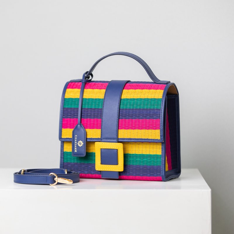 Woven Straw Summer Crossbody Bag in Blue and Rainbow Color - 手提包/手提袋 - 真皮 蓝色